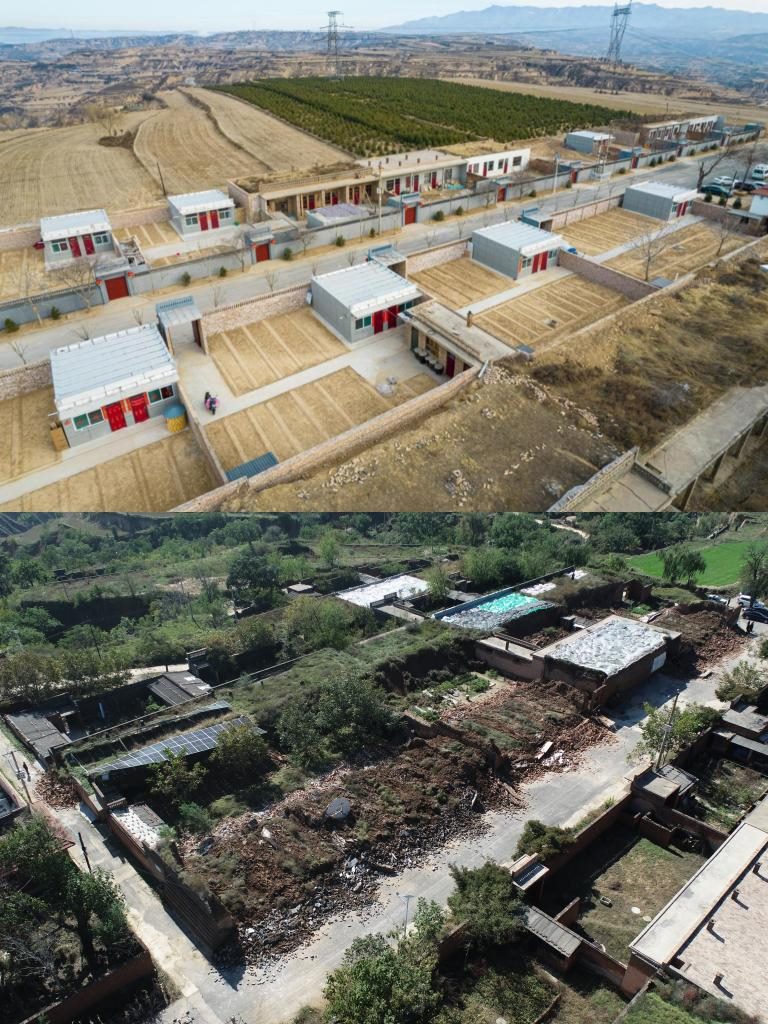 拼版照片，上圖是2022年1月山西省霍州市師莊鄉(xiāng)馮南垣村災后恢復重建后的場景，下圖是2021年10月村莊因災受損的場景。(霍州市委宣傳部供圖)