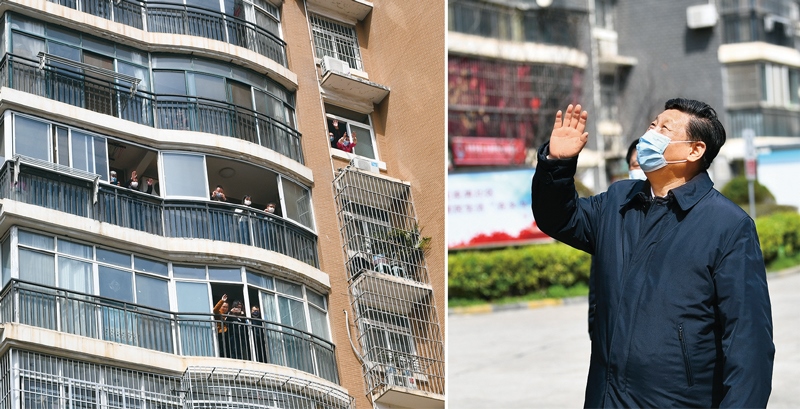 2020年3月10日，習近平專門赴湖北省武漢市考察新冠肺炎疫情防控工作。這是習近平在東湖新城社區(qū)考察時，向在家隔離居住的居民揮手致意、表示慰問（拼版照片）