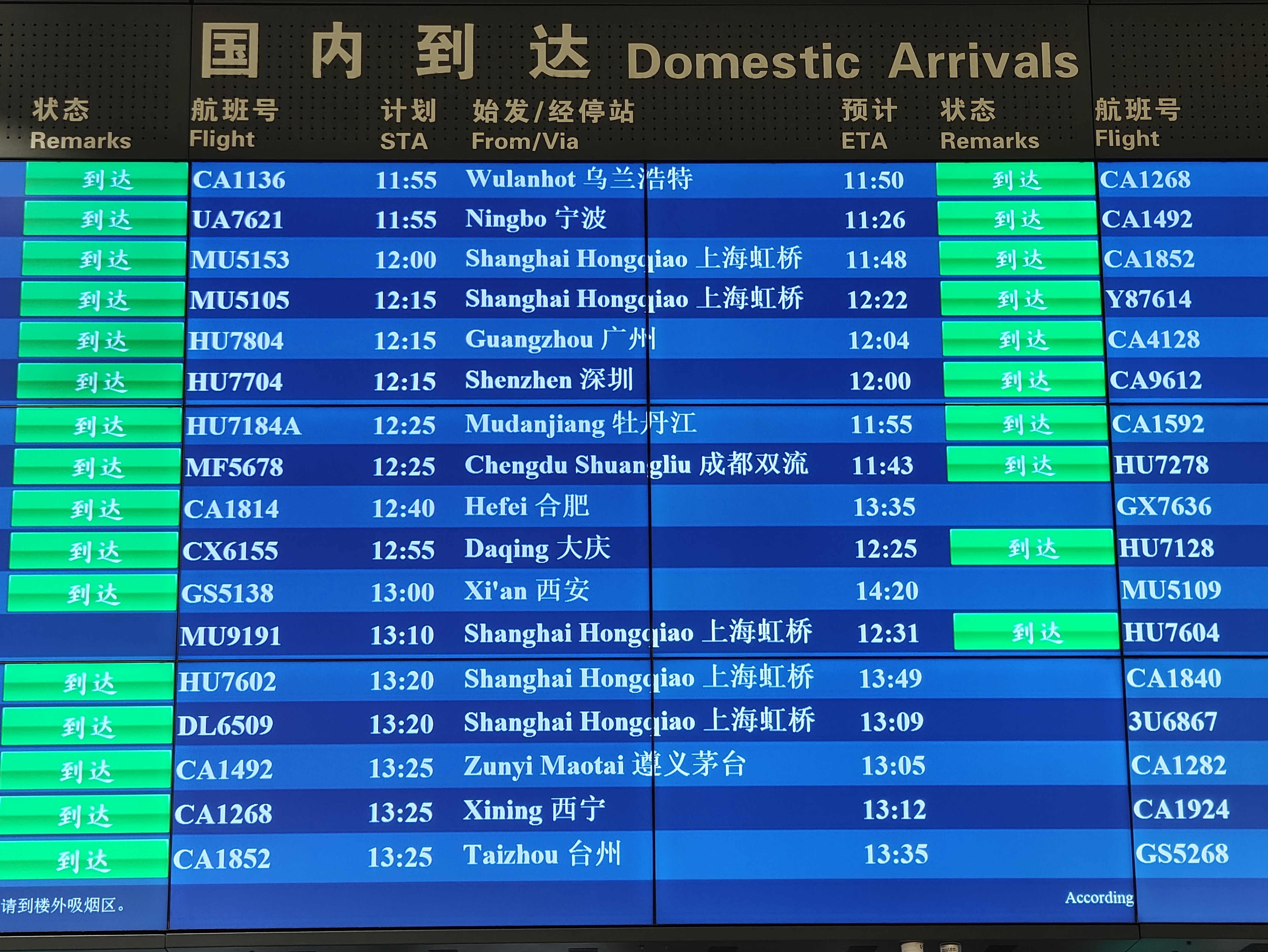 首都機(jī)場(chǎng)大屏顯示，MU9191航班于12:31順利到達(dá)。人民網(wǎng)記者 夏曉倫攝