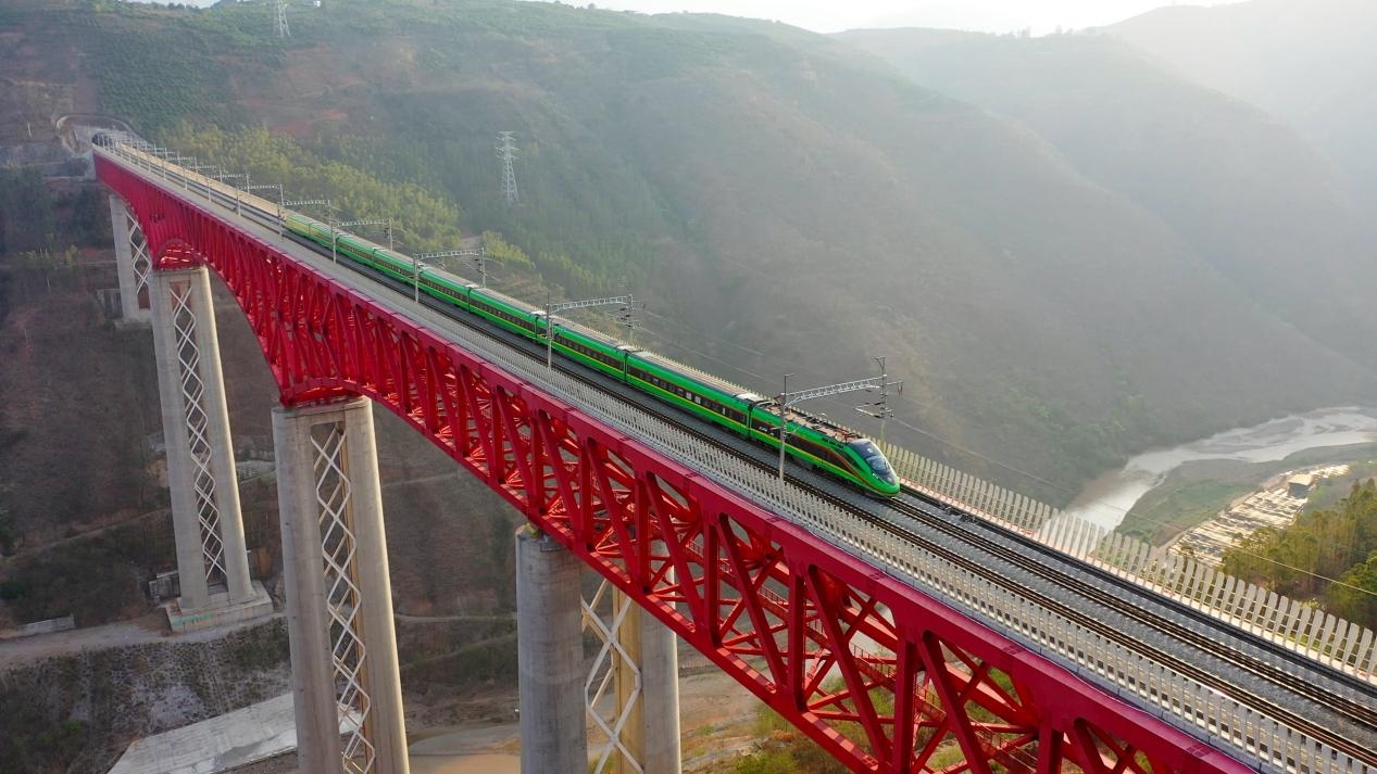 中老鐵路國際旅客列車在云南省境內的元江特大橋上飛馳。姚巍攝