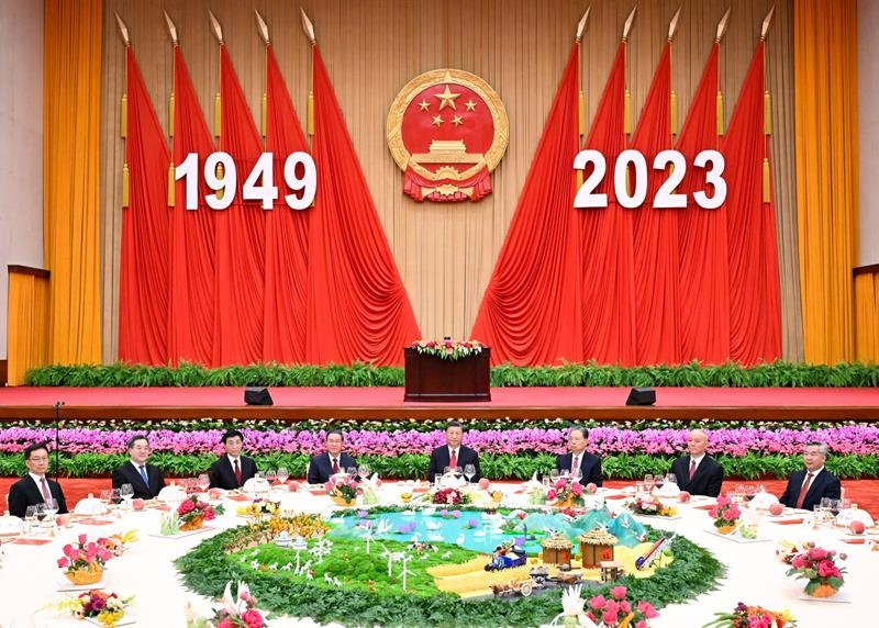 △2023年9月28日，慶祝中華人民共和國成立74周年招待會在北京人民大會堂舉行。