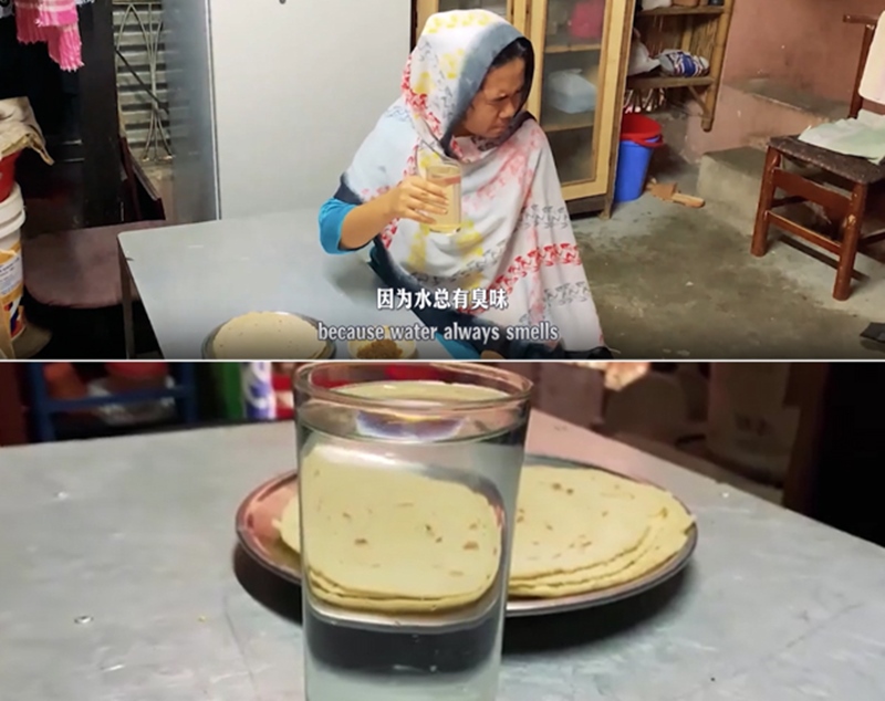 圖為紀(jì)實(shí)短片截圖：上圖為水質(zhì)未改善前，飲用水發(fā)黃渾濁；下圖為水廠建成后，飲用水水質(zhì)明顯改善，清澈透明。