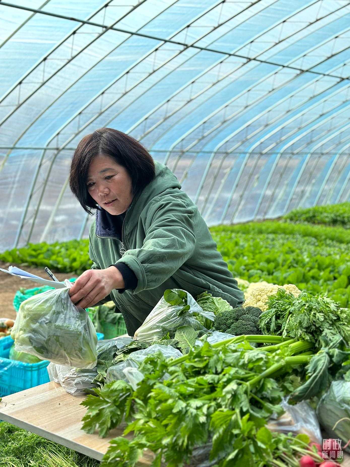△第六埠村村民正在打包分裝蔬菜。（總臺(tái)央視記者盧心雨拍攝）