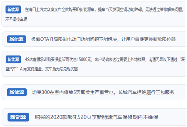 “人民投訴”用戶吐槽新能源汽車功能障礙多發(fā)、升級后配套服務(wù)跟不上、虛假優(yōu)惠、保修期內(nèi)不維保的問題。（“人民投訴”平臺截圖）