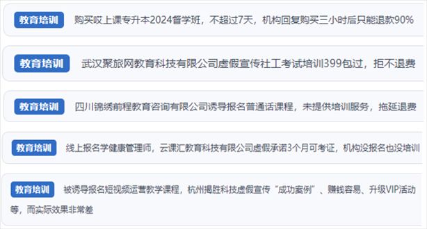“人民投訴”用戶舉報機構(gòu)虛假宣傳包過包拿證、虛假承諾收益效果、課程服務(wù)貨不對板、退款難等在線教培亂象。（“人民投訴”平臺截圖）