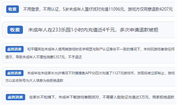 “人民投訴”用戶舉報身份認(rèn)證成擺設(shè)、大額充值無提醒、提供證據(jù)被駁回、商家設(shè)置退款障礙等未成年人網(wǎng)游消費亂象。（“人民投訴”平臺截圖）