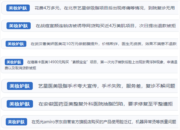 “人民投訴”用戶舉報醫(yī)美未達(dá)預(yù)期效果或?qū)е律眢w損傷退款遭拒、機構(gòu)及服務(wù)人員虛假資質(zhì)、被誘導(dǎo)高額醫(yī)美貸、網(wǎng)購美容儀器質(zhì)量不過關(guān)等問題。（“人民投訴”平臺截圖）