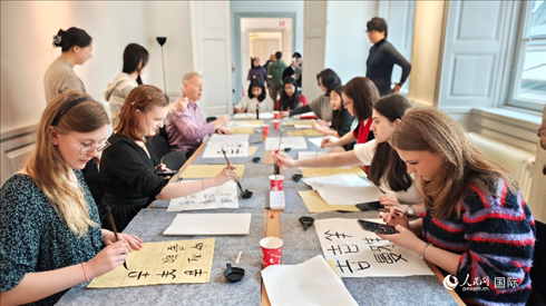 瑞典書法愛好者專心學習書法。人民網(wǎng)記者 殷淼攝