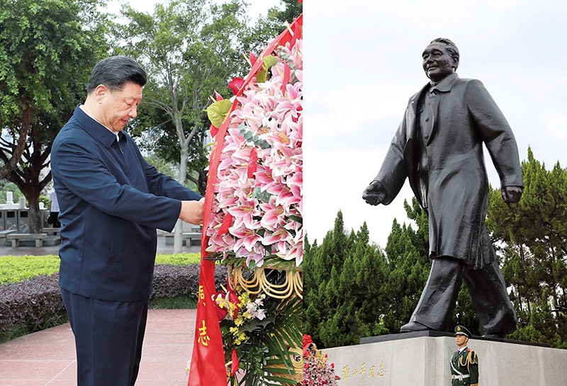 2020年10月14日，深圳經(jīng)濟(jì)特區(qū)建立40周年慶祝大會(huì)在廣東省深圳市隆重舉行。中共中央總書(shū)記、國(guó)家主席、中央軍委主席習(xí)近平在會(huì)上發(fā)表重要講話。這是當(dāng)天下午，習(xí)近平來(lái)到蓮花山公園，向鄧小平同志銅像敬獻(xiàn)花籃。 新華社記者 王曄/攝