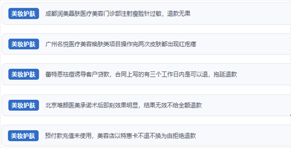 網(wǎng)友涉及醫(yī)美機(jī)構(gòu)虛假宣傳、誘導(dǎo)消費(fèi)、致傷客戶、違約不退費(fèi)等消費(fèi)侵權(quán)的相關(guān)投訴。（“人民投訴”用戶投訴截圖）