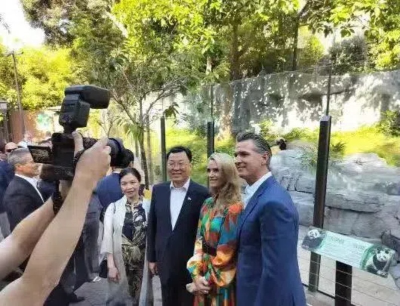 謝鋒大使及夫人與加州州長紐森夫婦在圣迭戈動物園大熊貓館前合影。圖片為中國駐美大使館提供
