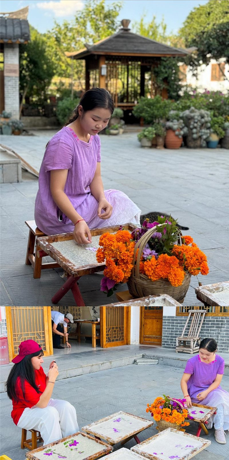 沒有女生不愛花。以古法造紙技藝為基礎(chǔ)，再輔以花草枝葉勾勒各式圖案，創(chuàng)作出花茂村獨具特色的紙漿壓花畫，少女手中的花是她眼中的風(fēng)景，而她與正在制作的紙漿壓花畫也是別人眼中的風(fēng)景。（哈薩克斯坦BAQ通訊社高級記者古爾詹·拉曼庫洛娃、張亞欣攝）