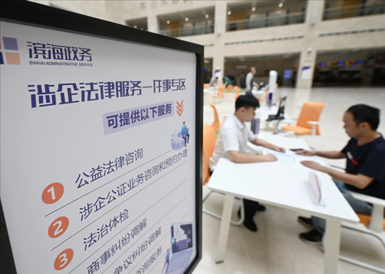 在天津濱海新區(qū)政務(wù)服務(wù)中心，工作人員在“涉企法律服務(wù)一件事”專區(qū)為市民提供服務(wù)（2024年7月31日攝）。新華社記者 趙子碩 攝