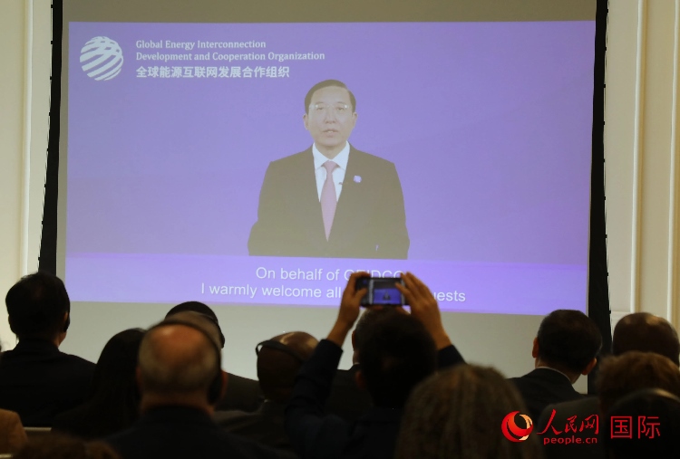 全球能源互聯(lián)網(wǎng)發(fā)展合作組織主席、中國電力企業(yè)聯(lián)合會理事長辛保安通過視頻方式致辭。人民網(wǎng)記者 李志偉攝