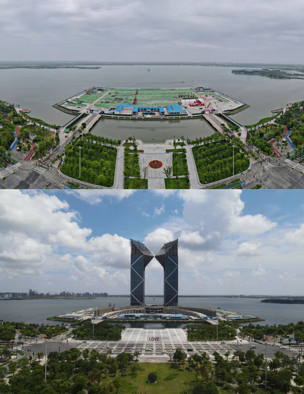 拼版照片：空中俯瞰中國（上海）自由貿(mào)易試驗區(qū)臨港新片區(qū)滴水湖西島中銀金融中心項目現(xiàn)場（上圖為2021年6月20日攝，無人機照片；下圖為2024年8月14日攝，無人機照片）。2019年8月20日，臨港新片區(qū)揭牌成立，一個開放新高地在長江與東海交匯處日益崛起。