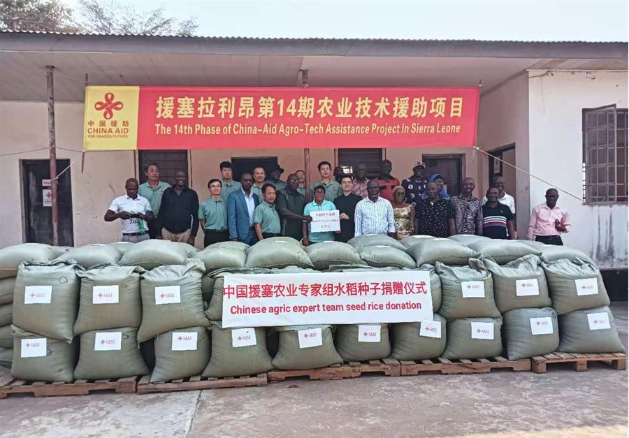 中國(guó)援塞拉利昂農(nóng)業(yè)專(zhuān)家組在塞南方省博城舉辦水稻種子捐贈(zèng)儀式。中國(guó)援塞農(nóng)業(yè)專(zhuān)家組供圖