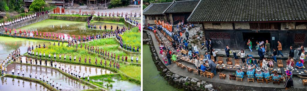 左圖：近期，人們?cè)诶杵娇h肇興侗寨的田園里演唱侗族大歌（黎平縣委宣傳部供圖）；右圖：這是2023年拍攝的十八洞村長(zhǎng)桌宴（湘西州委宣傳部供圖）。