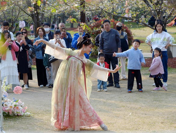 清明假期期間，上海顧村公園櫻花島上，游客在觀(guān)賞國(guó)風(fēng)漢服快閃表演。（圖片來(lái)源：視覺(jué)中國(guó)）