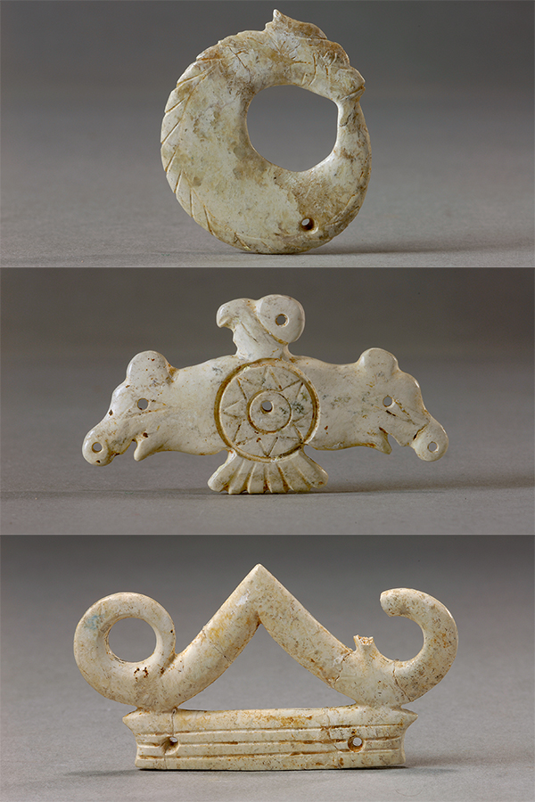 玉龍（上）、玉鷹（中）和玉冠飾（下）。國(guó)家文物局供圖